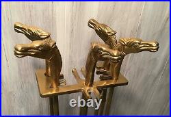 Vintage Equestrian Horse Head Brass Fireplace Tool Set 5 Pc very heavy