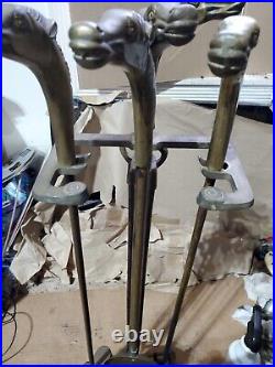 Vintage Equestrian Horse Head Fireplace Tool Set Solid Brass. 4 Pieces + Stand