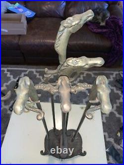 Vintage Equestrian Horse Head Solid Brass Fireplace Tool Set-Unusual Cast Stand