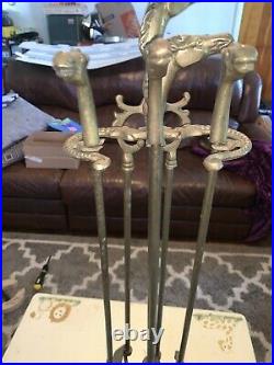 Vintage Equestrian Horse Head Solid Brass Fireplace Tool Set-Unusual Cast Stand