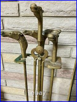 Vintage Equestrian Horse Head Solid Brass Fireplace Tools Set 5 Pieces