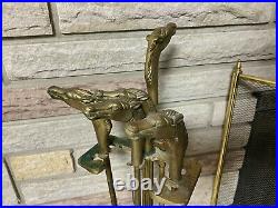 Vintage Equestrian Horse Head Solid Brass Fireplace Tools Set 5 Pieces