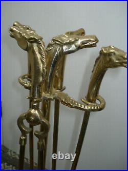 Vintage Equestrian Horse Head Solid Brass Fireplace tool set 5 pcs