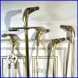 Vintage Equestrian Horse Head Solid Brass Fireplace tool set-5 pcs. BLACK brush