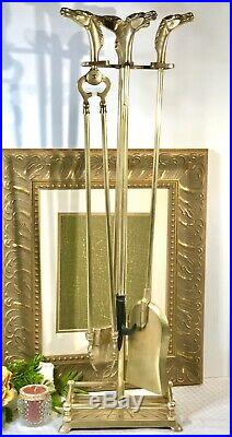 Vintage Equestrian Horse Head Solid Brass Fireplace tool set-5 pcs. White brush