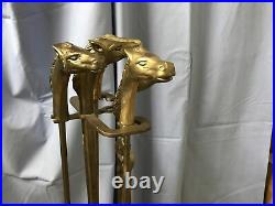 Vintage Equestrian Horse Head Solid Brass Fireplace tool set Broom Pan Tongs