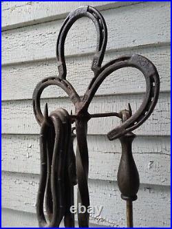 Vintage Equestrian Horseshoe Forged Iron Fireplace Tool Set 6pcs