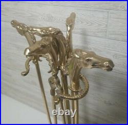 Vintage Equestrian Solid Brass Horse Head Fireplace Tool Set 5 Pieces 26