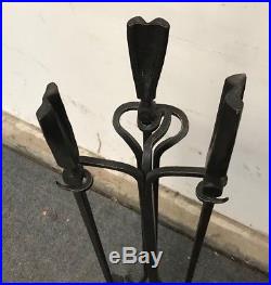 Vintage FORGED Signed F A CRIST FIREPLACE TOOLS POKER STAND HOLDER 4 PC SET