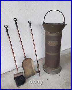 Vintage Fireplace 4 Piece Set, 3 Tools and Bucket