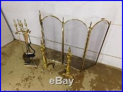 Vintage Fireplace Andiron Fire Tools Screen Set Brass Urns Paw Feet Dancing Lady