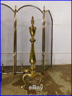 Vintage Fireplace Andiron Fire Tools Screen Set Brass Urns Paw Feet Dancing Lady