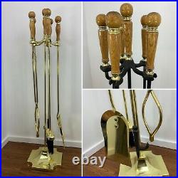 Vintage Fireplace Brass Gold Tool Set Oak Handles Tools 34
