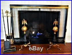 Vintage Fireplace Set Brass/Cast Iron Screen Andirons Tools Eagle Top
