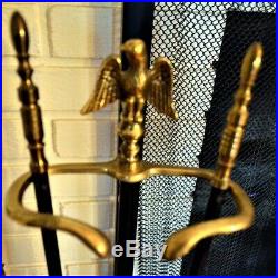 Vintage Fireplace Set Brass/Cast Iron Screen Andirons Tools Eagle Top