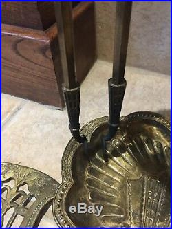 Vintage Fireplace Set Solid Brass Poker Spade Tongs Tools