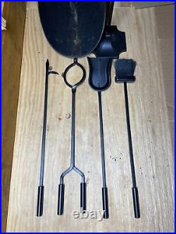 Vintage Fireplace Tool Set By Adam's Co. Wrought Iron Black With Log Carrier 6PC