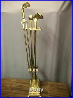 Vintage Fireplace Tool Set Hearth Mid Century Brass Golf Clubs Ball Design