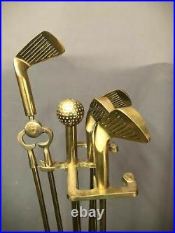 Vintage Fireplace Tool Set Hearth Mid Century Brass Golf Clubs Ball Design