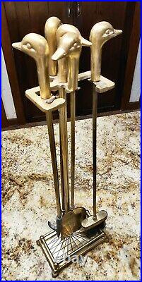 Vintage Fireplace Tool Set Heavy Duty Brass Duck Heads 4 Tools Nice