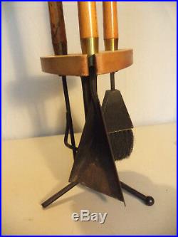 Vintage Fireplace Tool Set Wood Brass Iron Mid Century Modern Modernist Eames