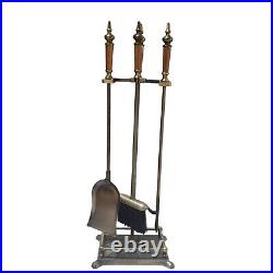 Vintage Fireplace Tool Stand Antique Brass Wood Handles Stand with Three Tools