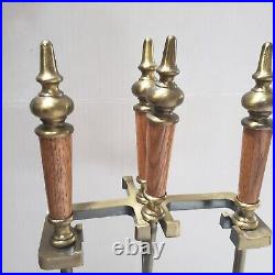 Vintage Fireplace Tool Stand Antique Brass Wood Handles Stand with Three Tools