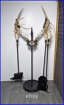 Vintage Fireplace Tools Set Hand Carved Antlers Southwestern Art Cast Iron