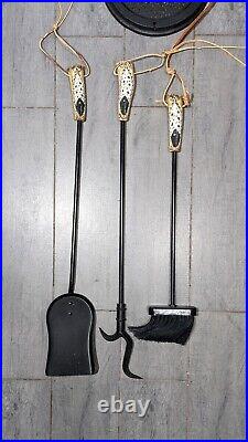 Vintage Fireplace Tools Set Hand Carved Antlers Southwestern Art Cast Iron