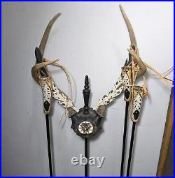 Vintage Fireplace Tools Set Hand Carved Antlers Southwestern Art Cast Iron