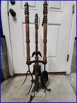 Vintage Fireplace Tools Set Iron Wood Brass Danish Modern 3pc Eagle Bird