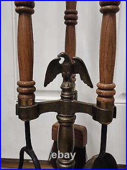 Vintage Fireplace Tools Set Iron Wood Brass Danish Modern 3pc Eagle Bird