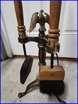 Vintage Fireplace Tools Set Iron Wood Brass Danish Modern 3pc Eagle Bird