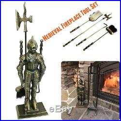 Vintage Fireplace Tools Stand Set of 4 Medieval Knight Cast Iron Antique Brass
