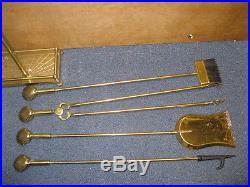 Vintage Fireplace Tools set with Stand Brass 4 pc set Poker Broom Tongs Dust Pan