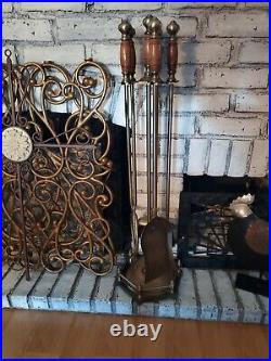 Vintage Fireplace Wood And Brass Tool Set