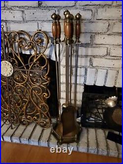 Vintage Fireplace Wood And Brass Tool Set