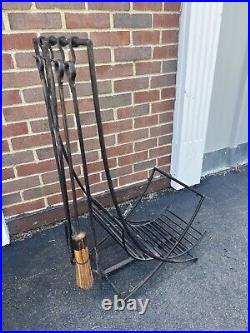 Vintage Fireplace tools set firewood storage Basket With Poker Broom Shovel Tongs