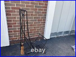 Vintage Fireplace tools set firewood storage Basket With Poker Broom Shovel Tongs