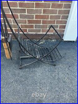 Vintage Fireplace tools set firewood storage Basket With Poker Broom Shovel Tongs