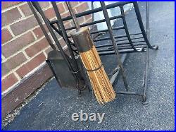 Vintage Fireplace tools set firewood storage Basket With Poker Broom Shovel Tongs