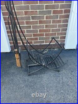 Vintage Fireplace tools set firewood storage Basket With Poker Broom Shovel Tongs