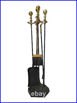 Vintage Four Piece Cast Iron with Brass Handles Fireplace Tool Set