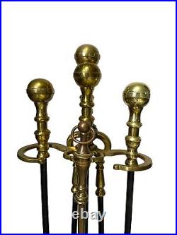 Vintage Four Piece Cast Iron with Brass Handles Fireplace Tool Set