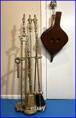 Vintage French Brass Ornate Fireplace Tool Baroque Motifs Six Tools & Stand Set
