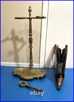 Vintage French Brass Ornate Fireplace Tool Baroque Motifs Six Tools & Stand Set
