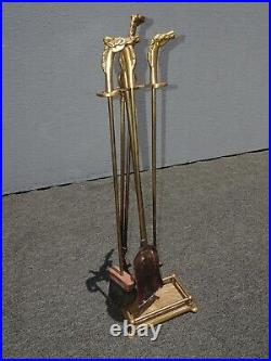 Vintage French Country Brass Fireplace Tool Set W Horses Head Handles