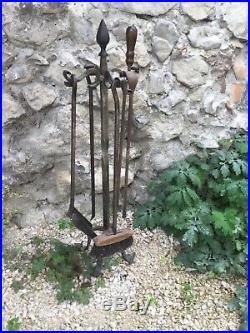 Vintage French Fireplace Set Fire Tools Stand Hand Made Forged Wrought Iron Alps