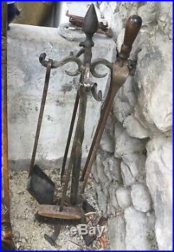 Vintage French Fireplace Set Fire Tools Stand Hand Made Forged Wrought Iron Alps