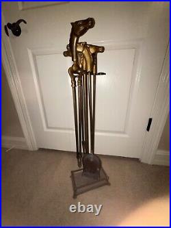 Vintage French Neoclassical Brass Horse Fireplace Tool Set 4 Pieces